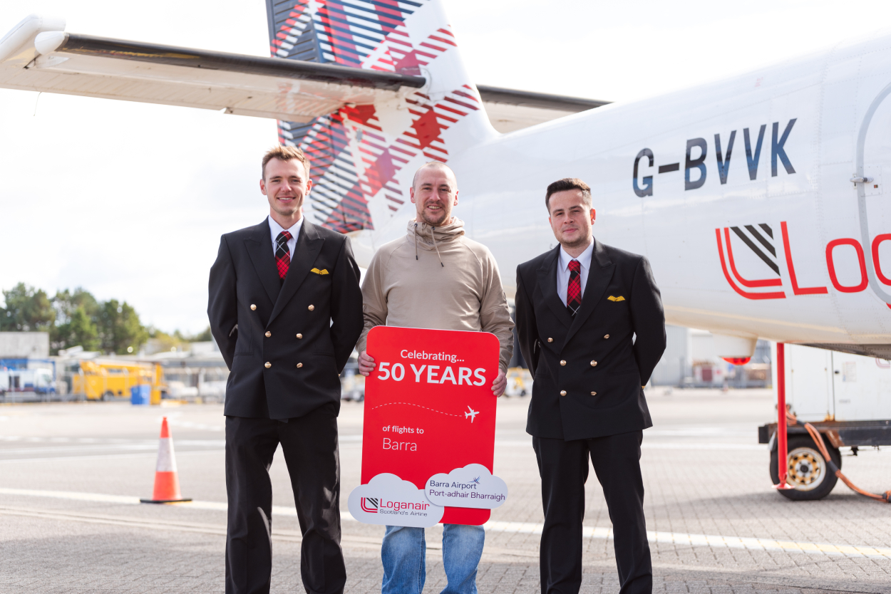 Photo caption_ (L-R) Joe Barrass (First Officer at Loganair) Stewart Howat and Steven Cameron (First Officer at Loganair)_.jpg